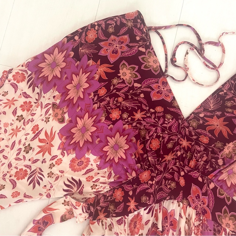 ANTHROPOLOGIE AAKAA Floral V-Neck Kimono Babydoll Mini Dress Pink Red Boho, M - Picture 12 of 17
